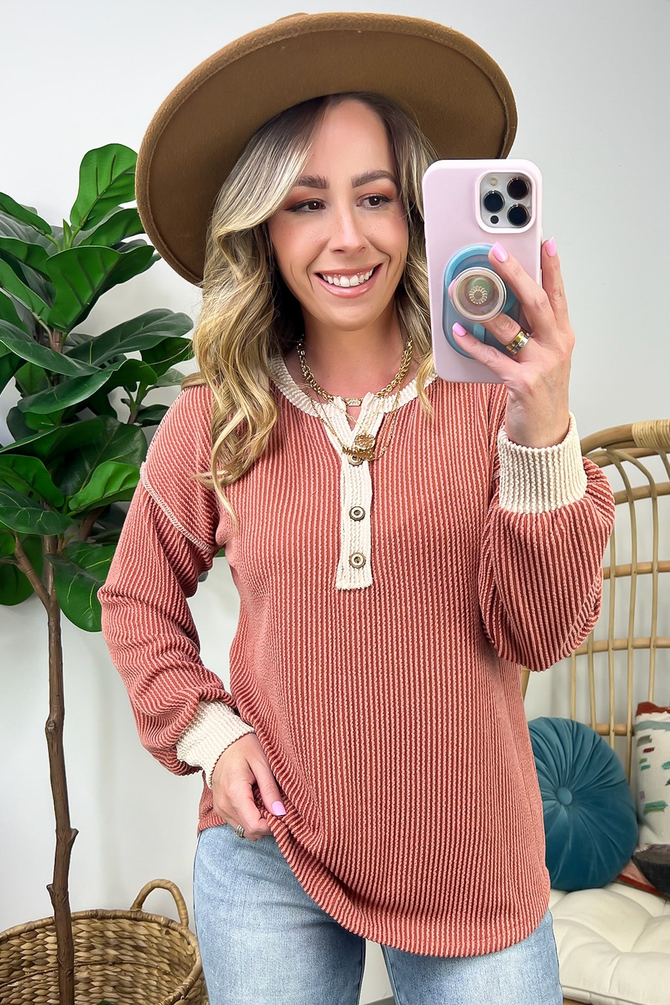 Preslie Rib Knit Button Henley Top on Sale.