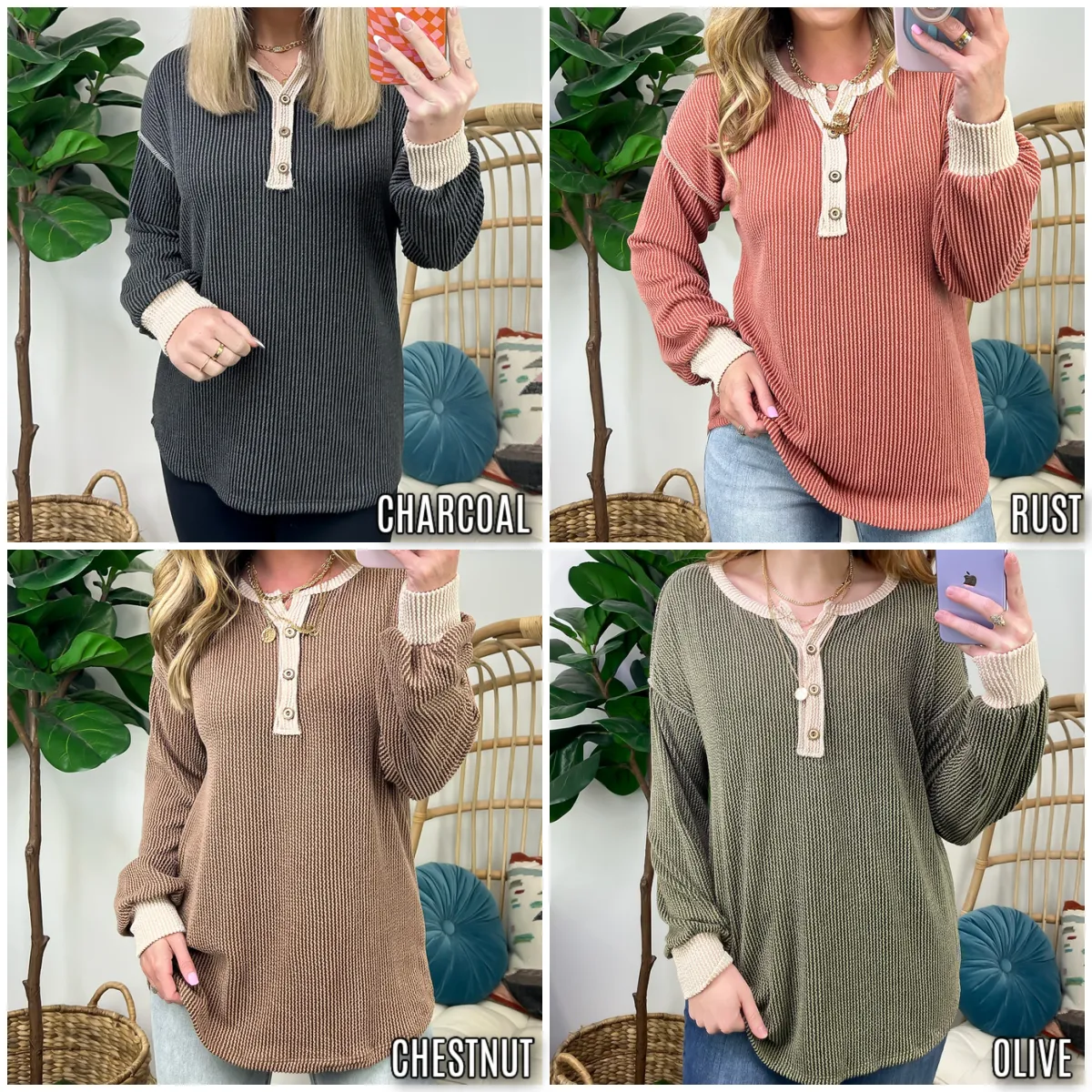 Preslie Rib Knit Button Henley Top on Sale.