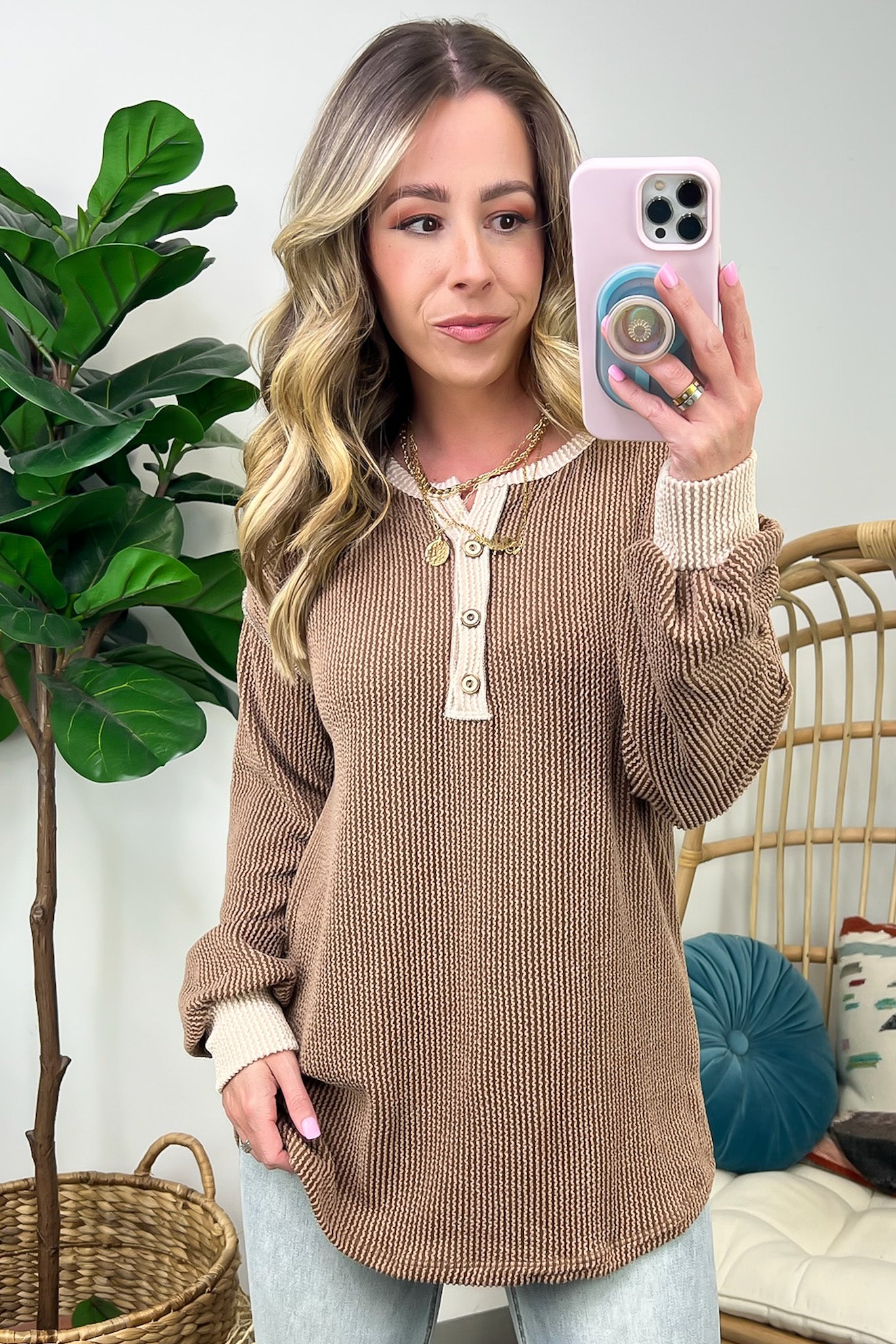 Preslie Rib Knit Button Henley Top on Sale.