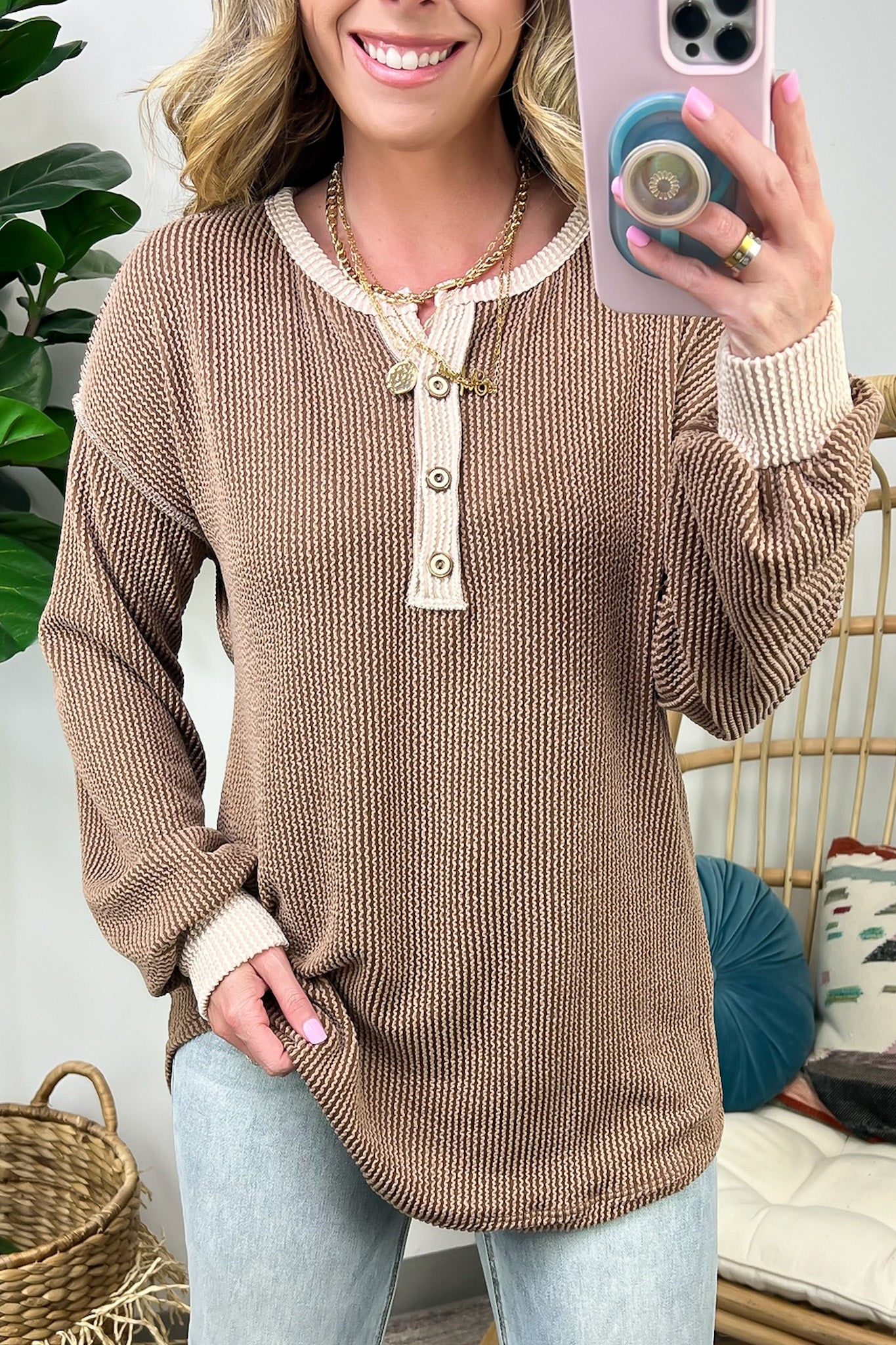 Preslie Rib Knit Button Henley Top on Sale.