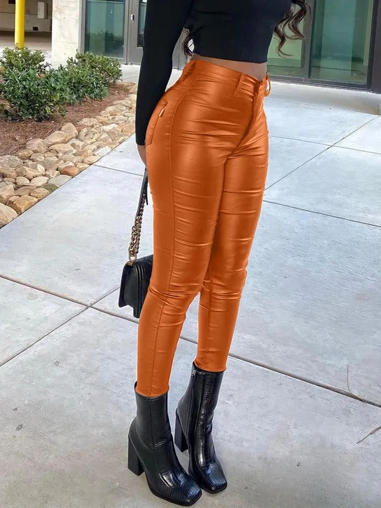 PU leather high waist pants with single button