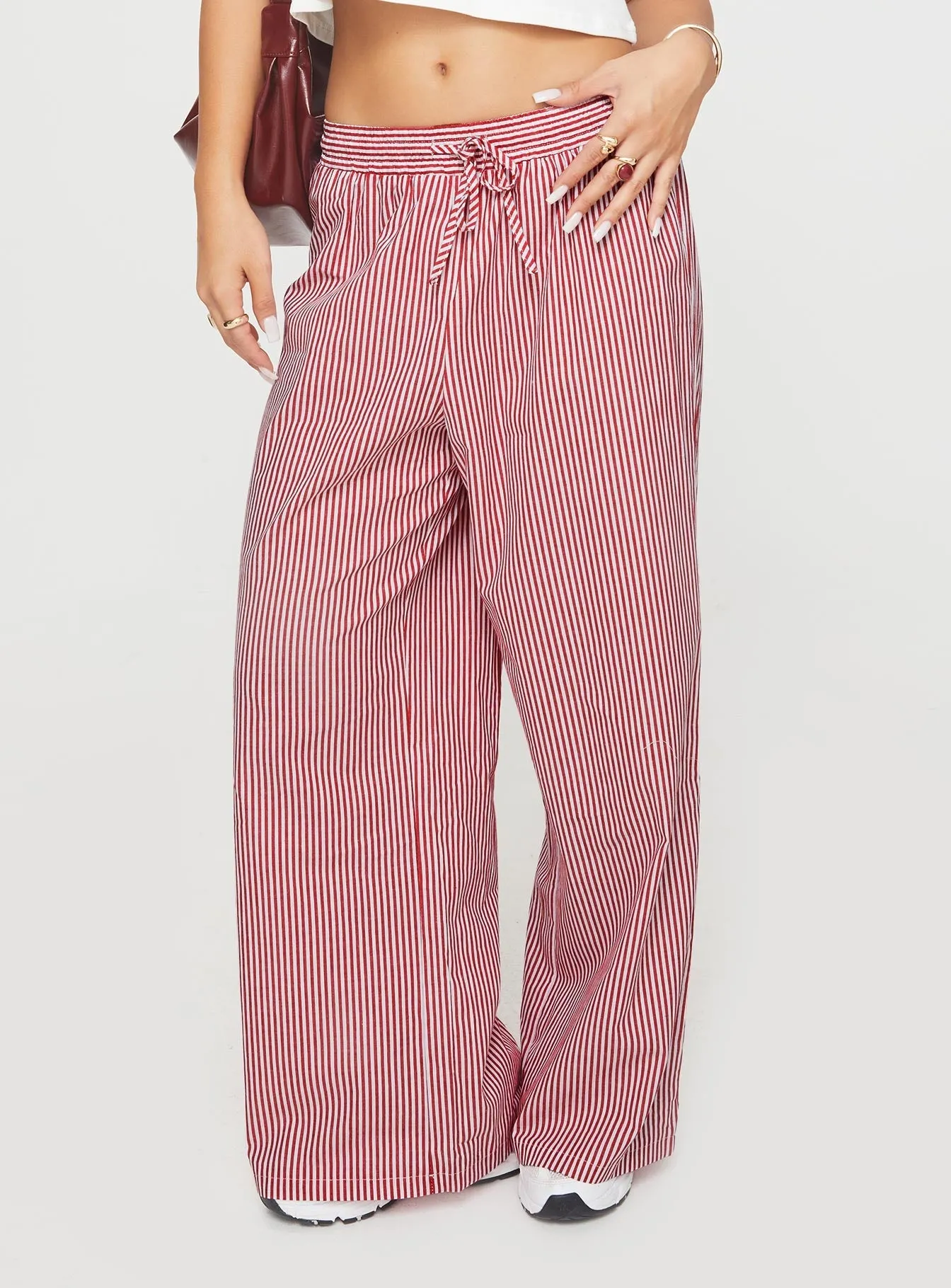 red and white striped holiday tie front pants