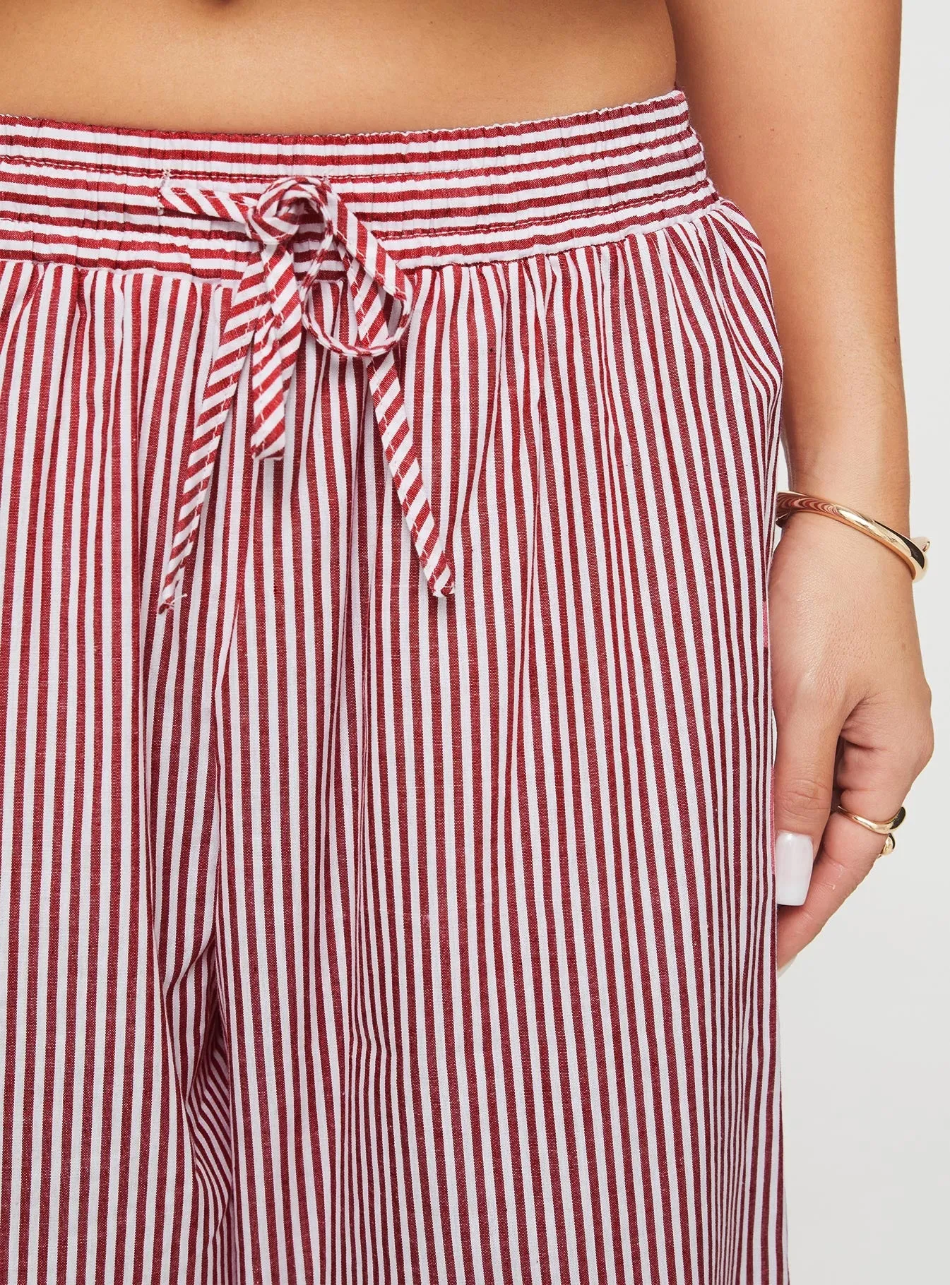 red and white striped holiday tie front pants