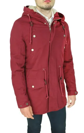 Red burgundy casual men's parka jacket with internal fur lining.