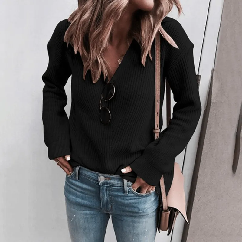 Rib Knit V-Neck Long Sleeve Tee