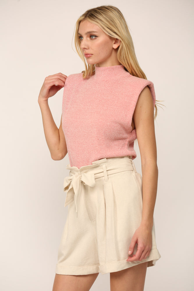 Ribbed Sleeveless Sweater with High Mock Neck