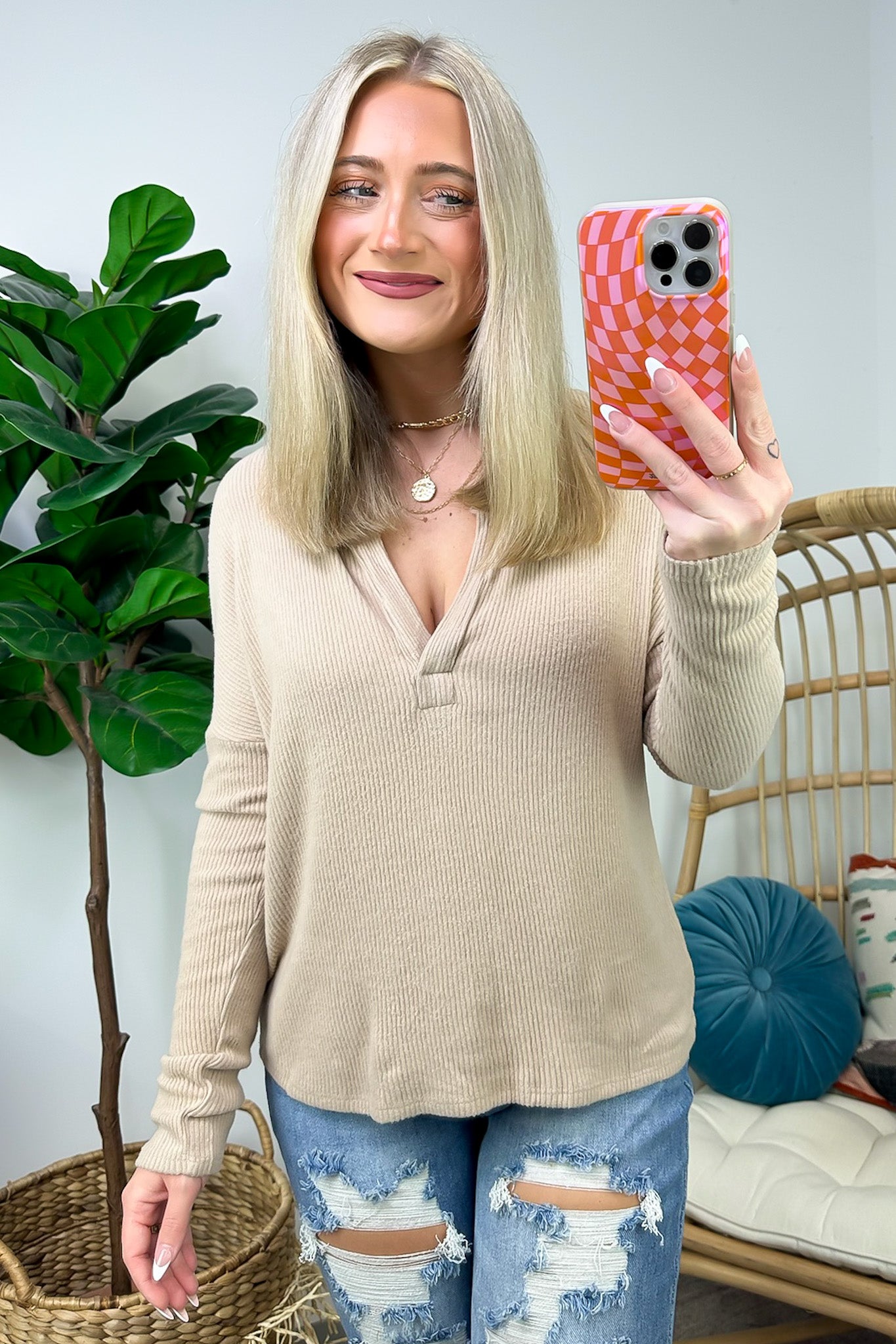 Ribbed V-Neck Long Sleeve Top - FINAL SALE