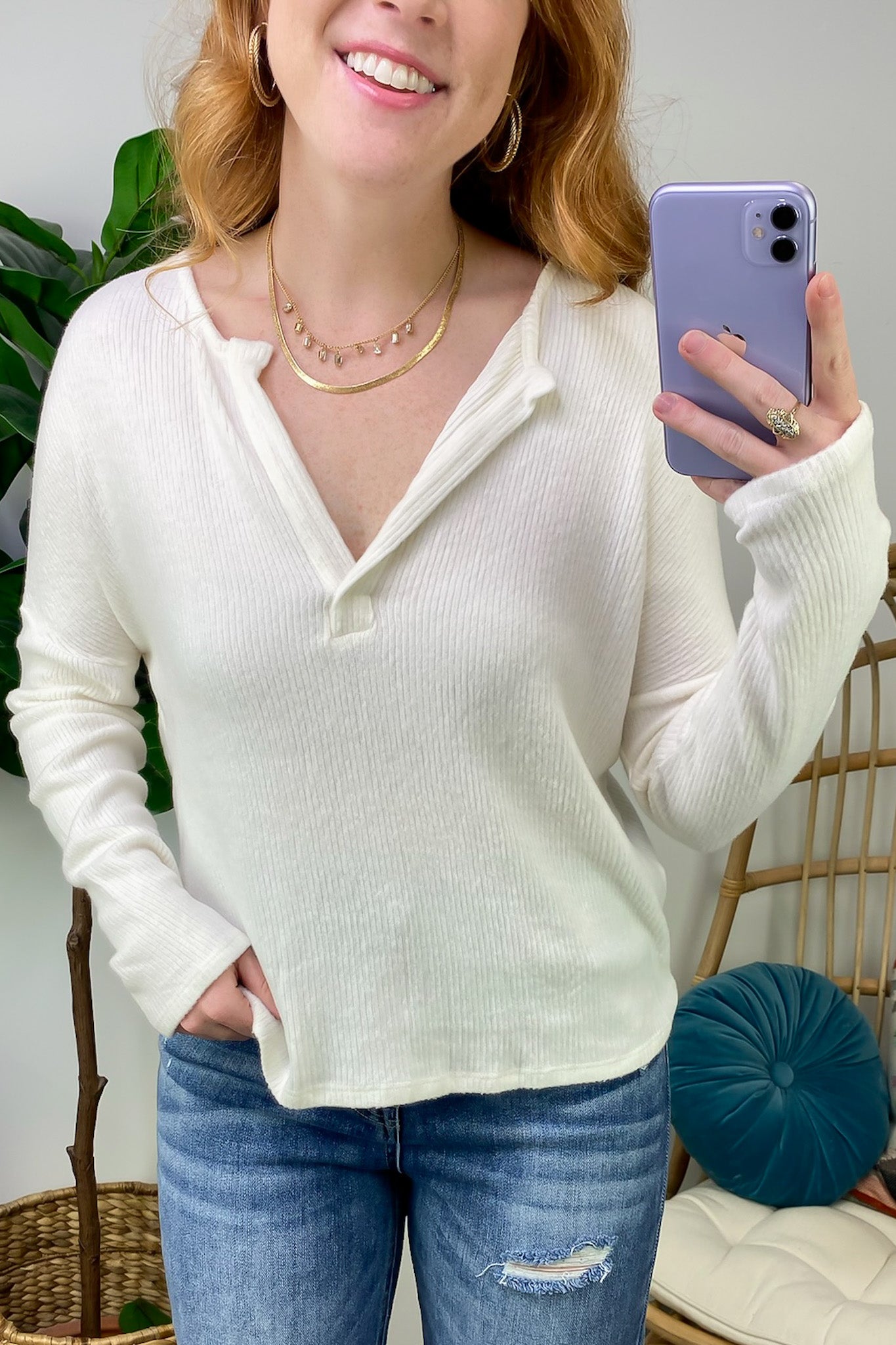 Ribbed V-Neck Long Sleeve Top - FINAL SALE