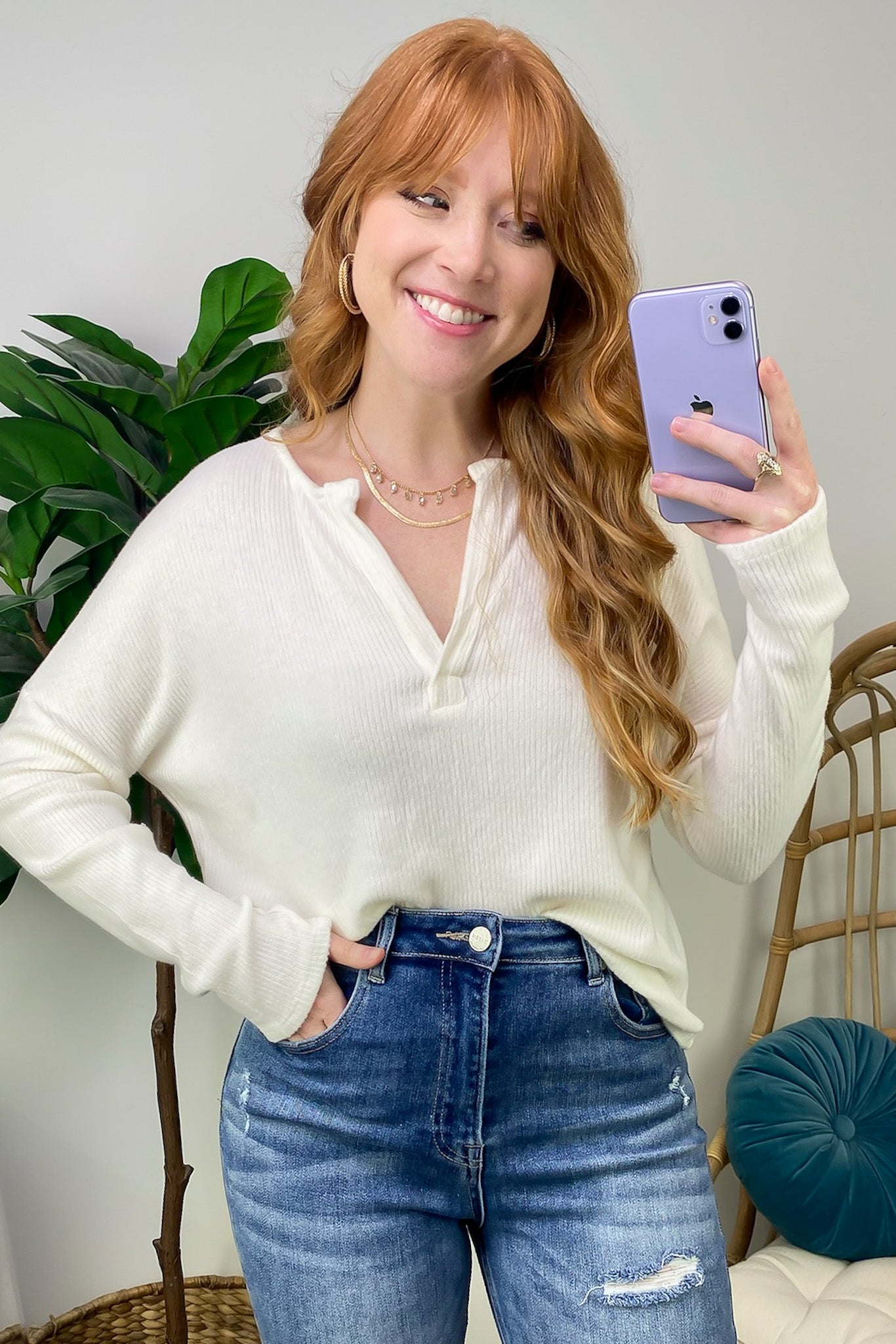 Ribbed V-Neck Long Sleeve Top - FINAL SALE