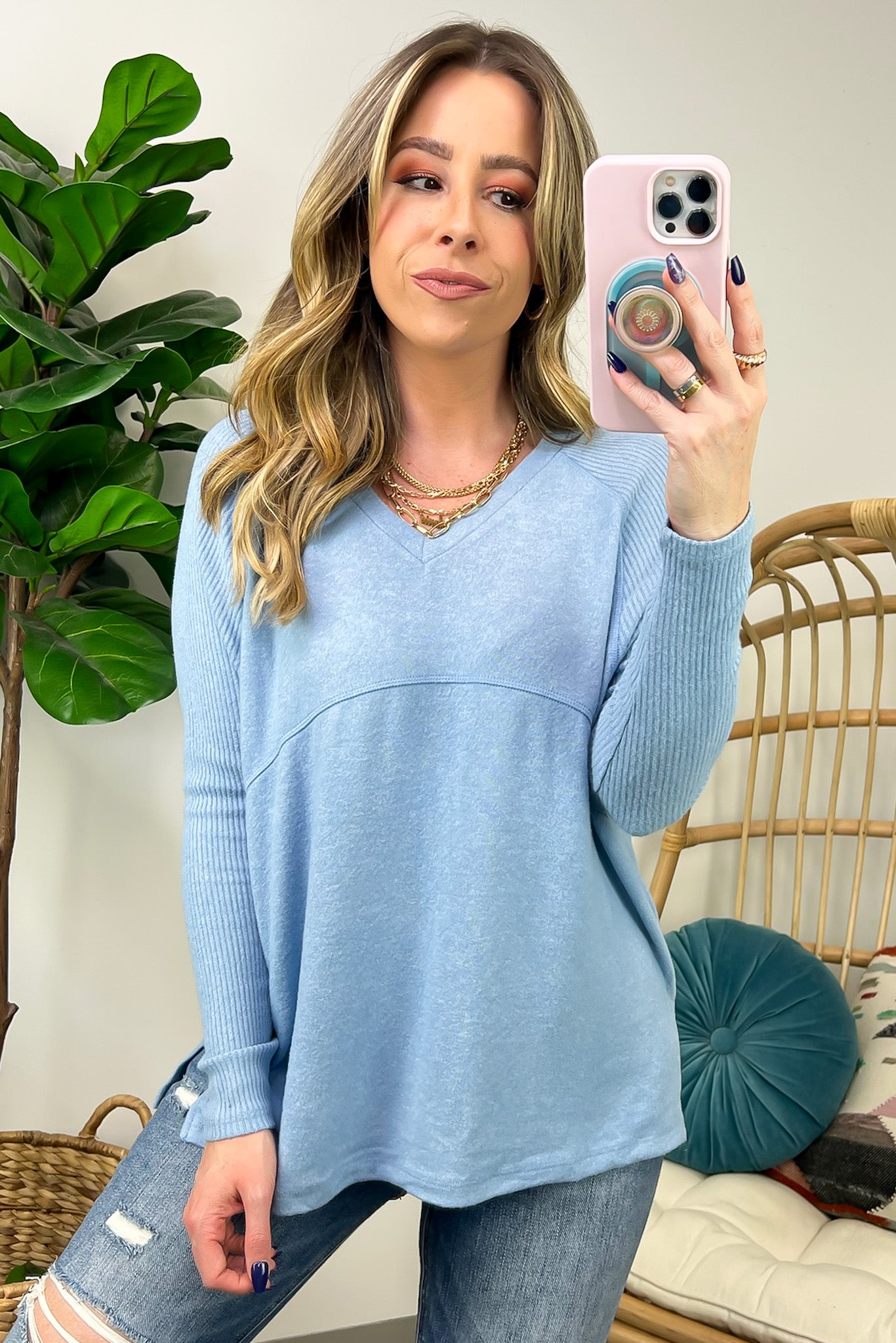 Sierrah V-Neck Soft Ribbed Knit Top - Clearance