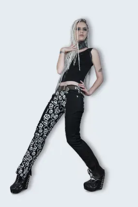 Skellington skull print ankle zip jeans, black and white, skinny fit.