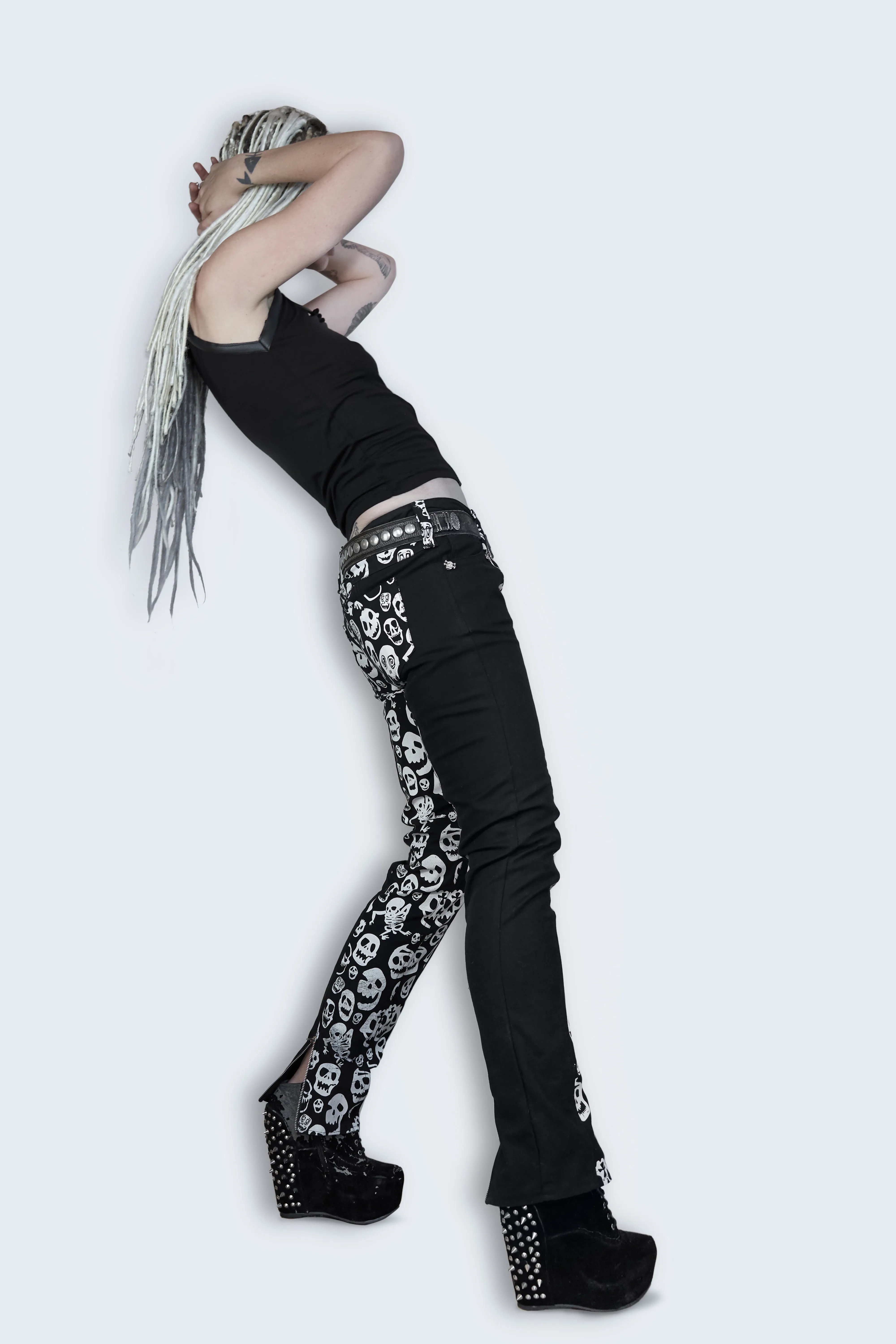 Skellington skull print ankle zip jeans, black and white, skinny fit.