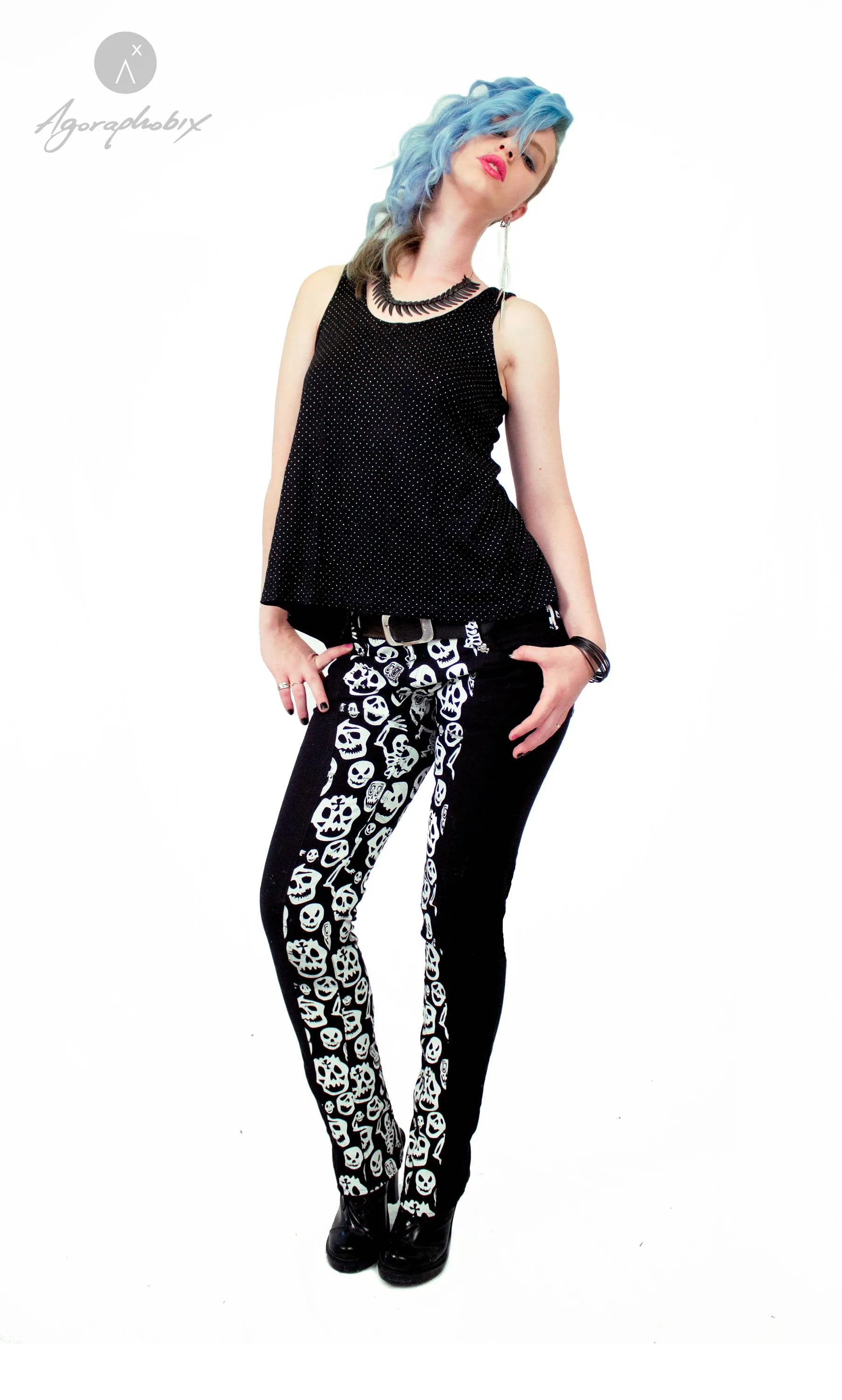 Skellington skull print ankle zip jeans, black and white, skinny fit.