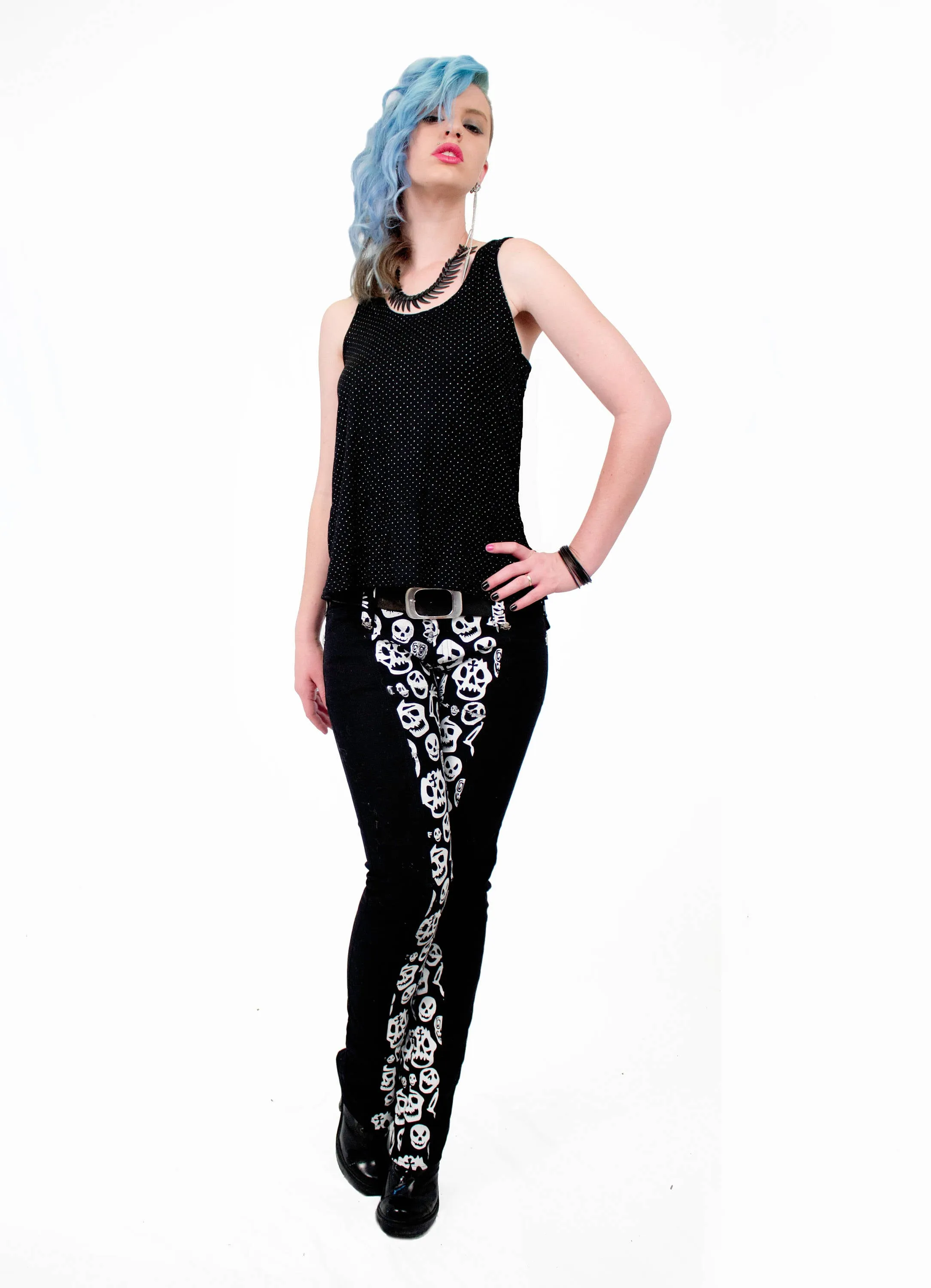 Skellington skull print ankle zip jeans, black and white, skinny fit.