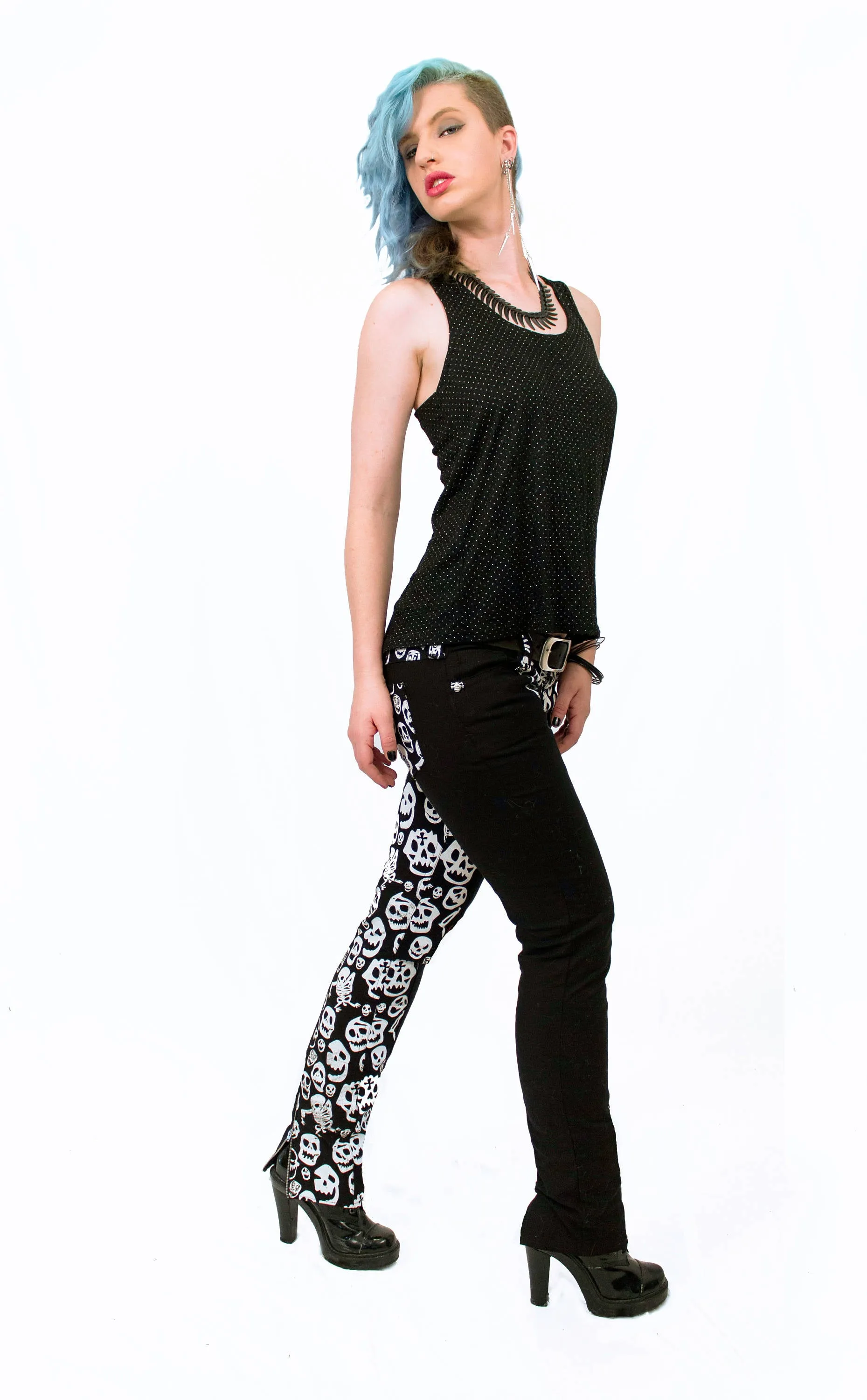 Skellington skull print ankle zip jeans, black and white, skinny fit.