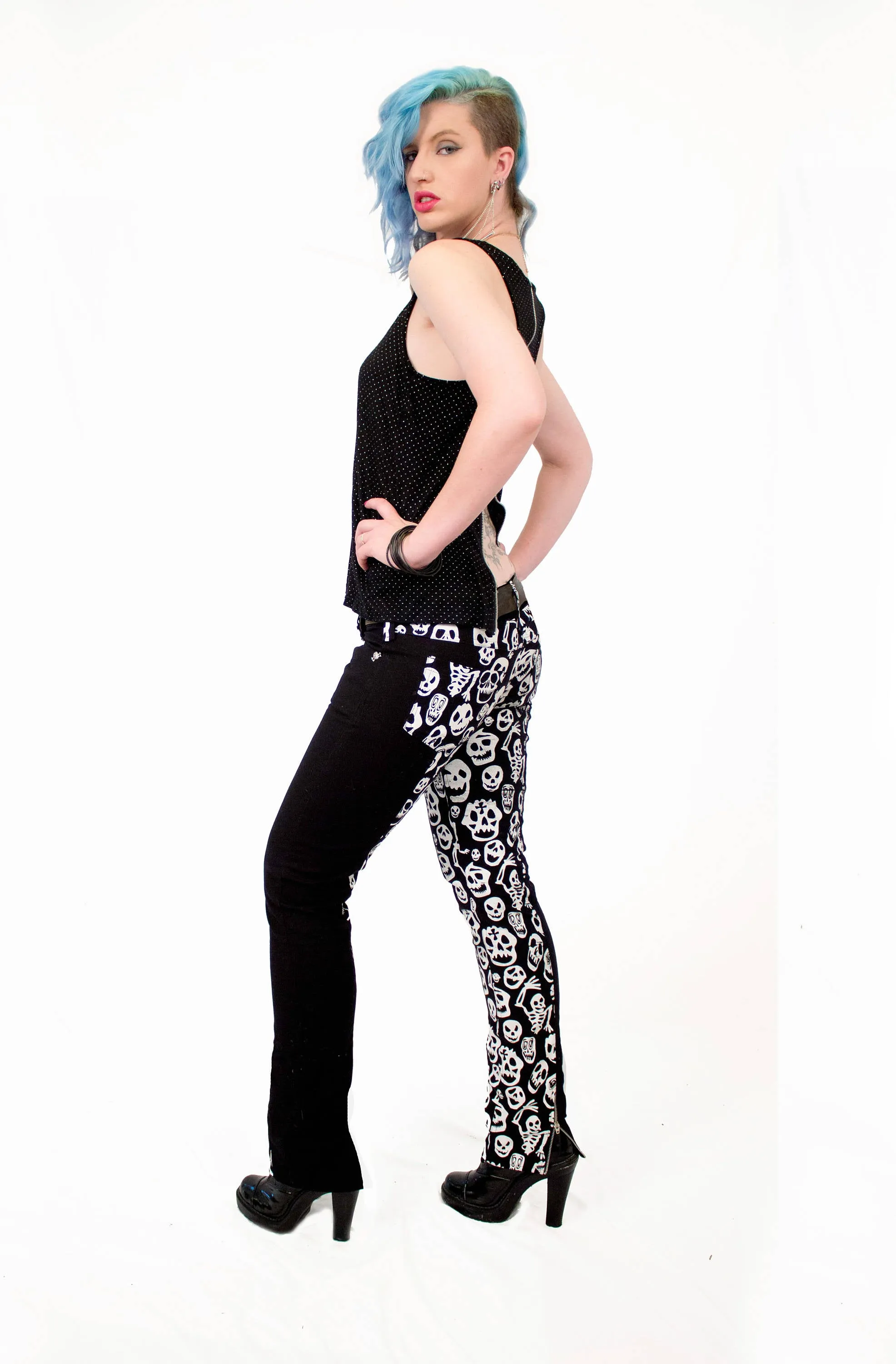 Skellington skull print ankle zip jeans, black and white, skinny fit.