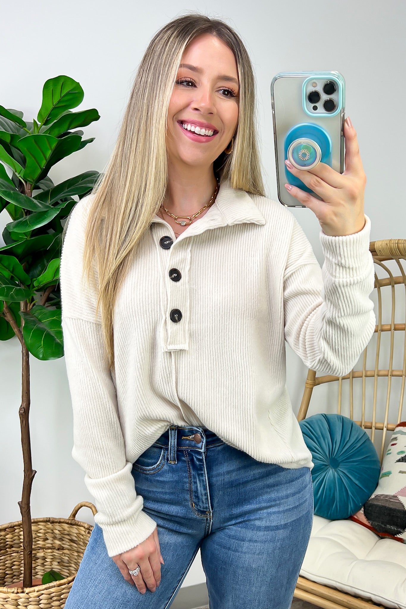 Snuggly Brushed Melange Collared Top - FINAL SALE