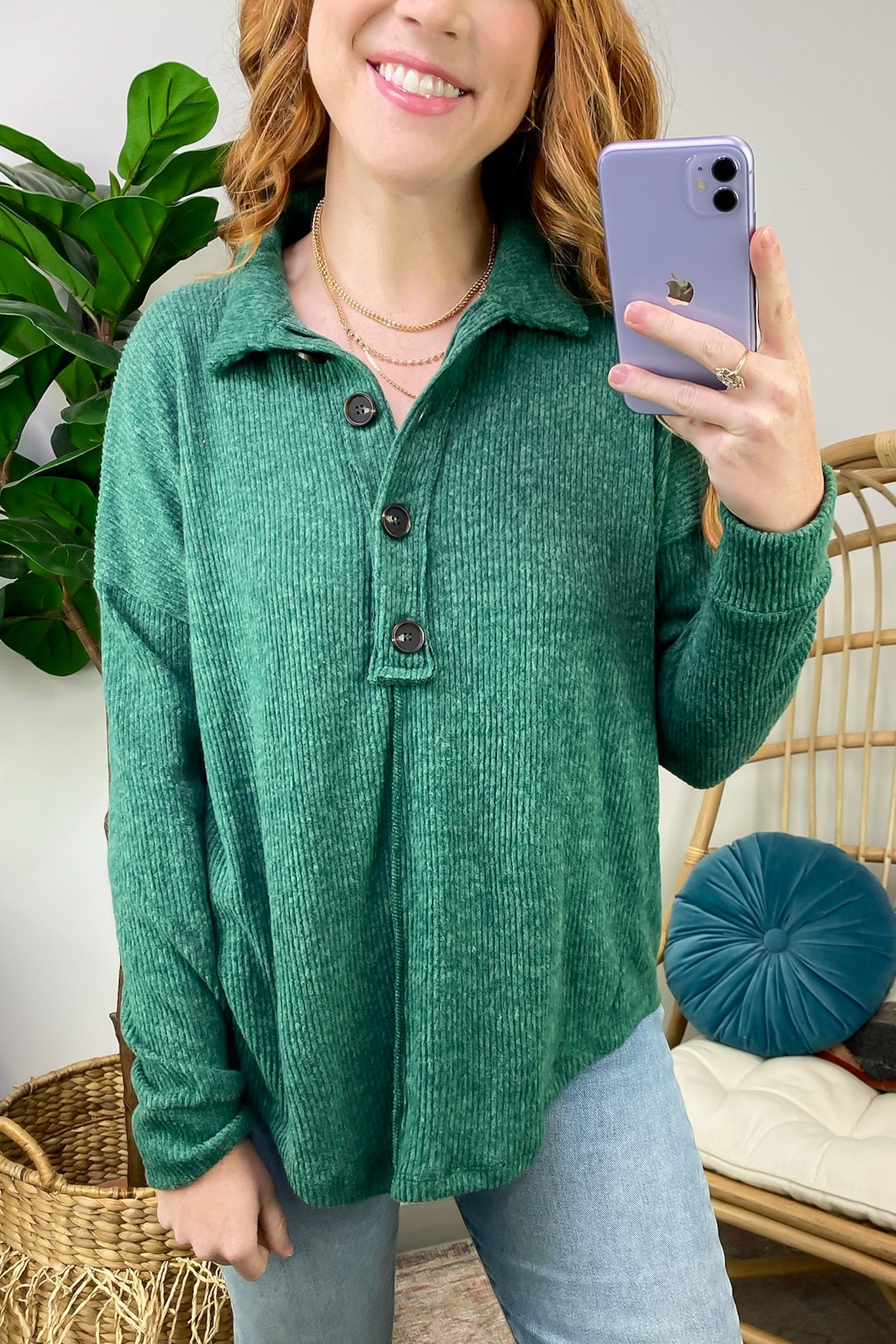 Snuggly Brushed Melange Collared Top - FINAL SALE