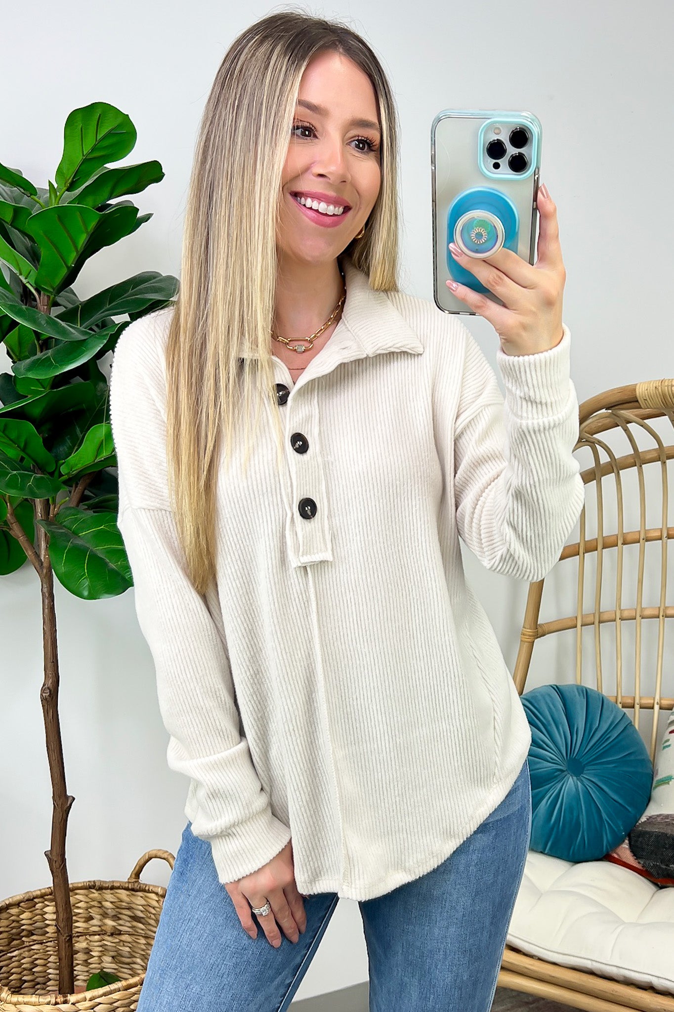 Snuggly Brushed Melange Collared Top - FINAL SALE