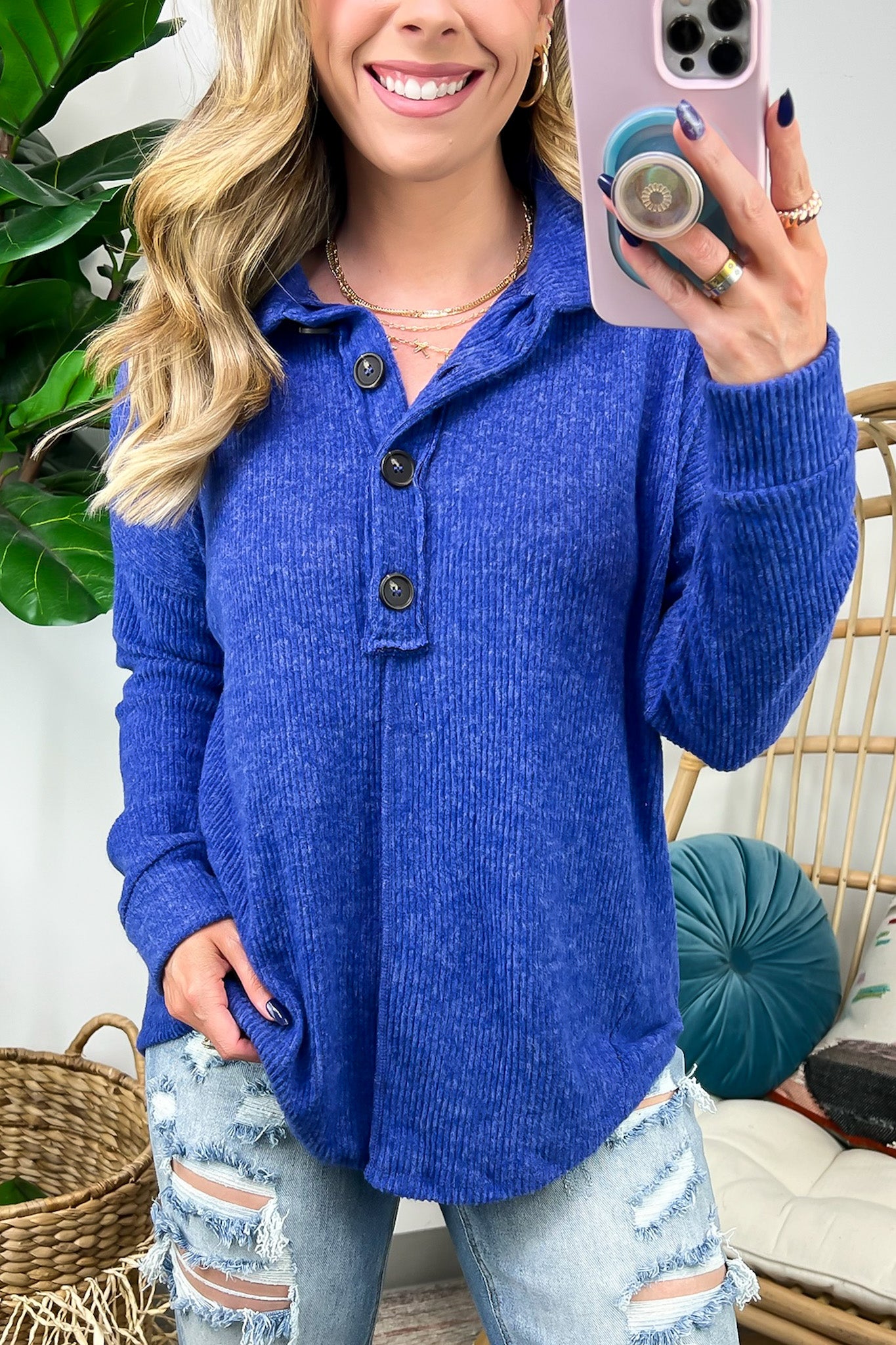 Snuggly Brushed Melange Collared Top - FINAL SALE