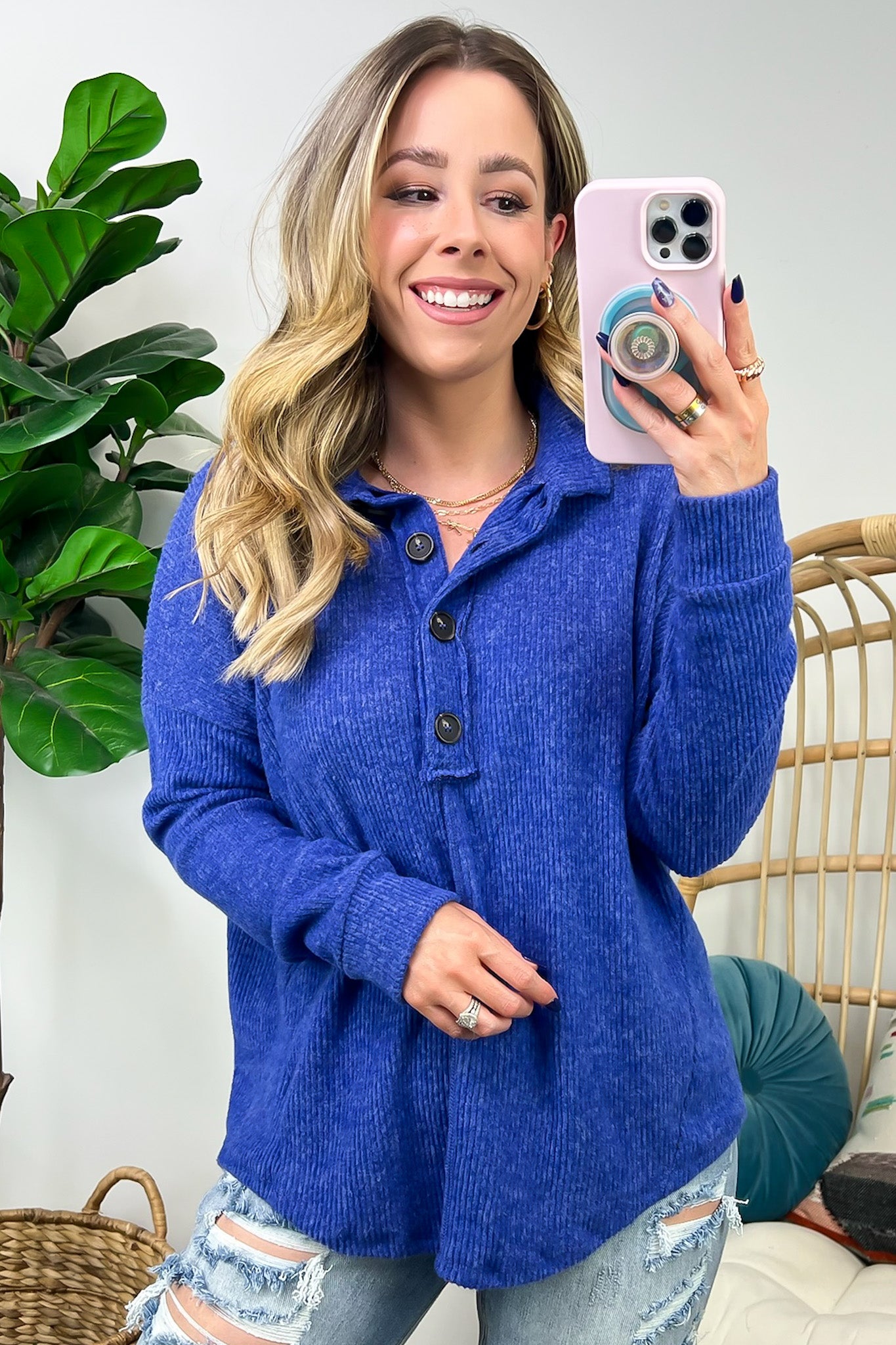 Snuggly Brushed Melange Collared Top - FINAL SALE