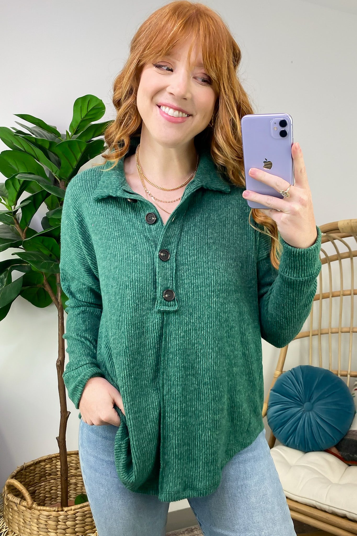 Snuggly Brushed Melange Collared Top - FINAL SALE