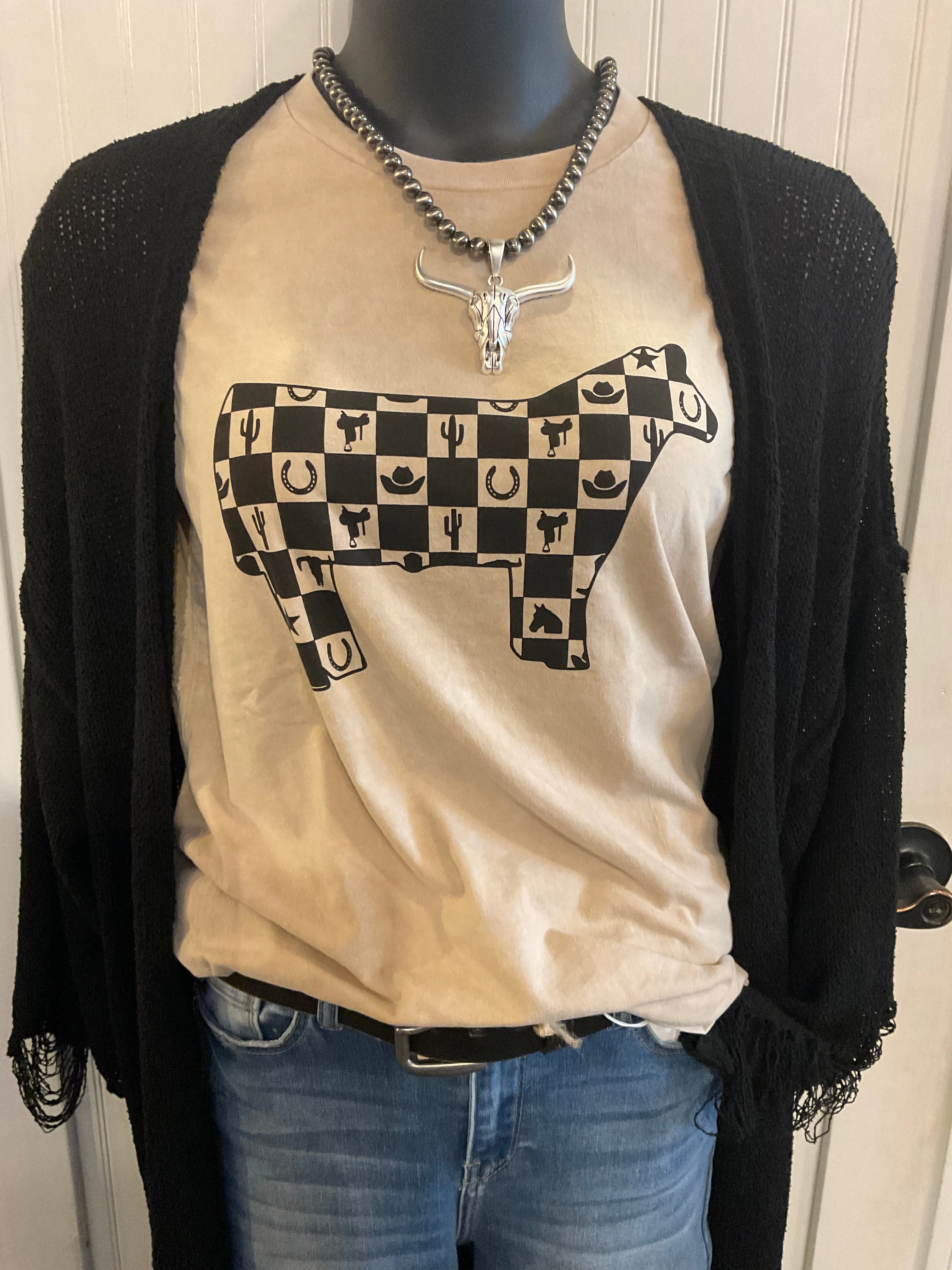 Stock Show Steer Checkered Tee Shirt - Sizes XS to 3X