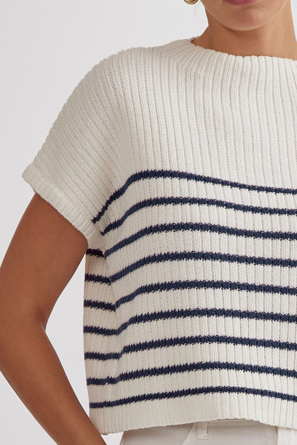 Stripped Knit Mock Neck Sleeveless Top