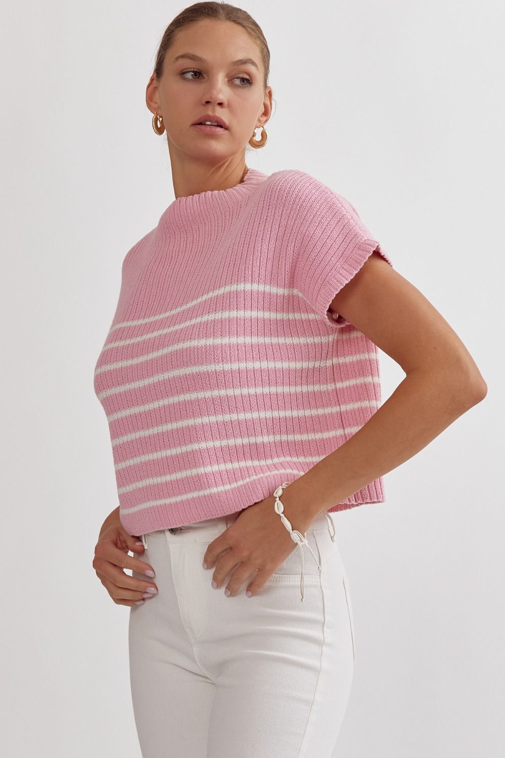 Stripped Knit Mock Neck Sleeveless Top