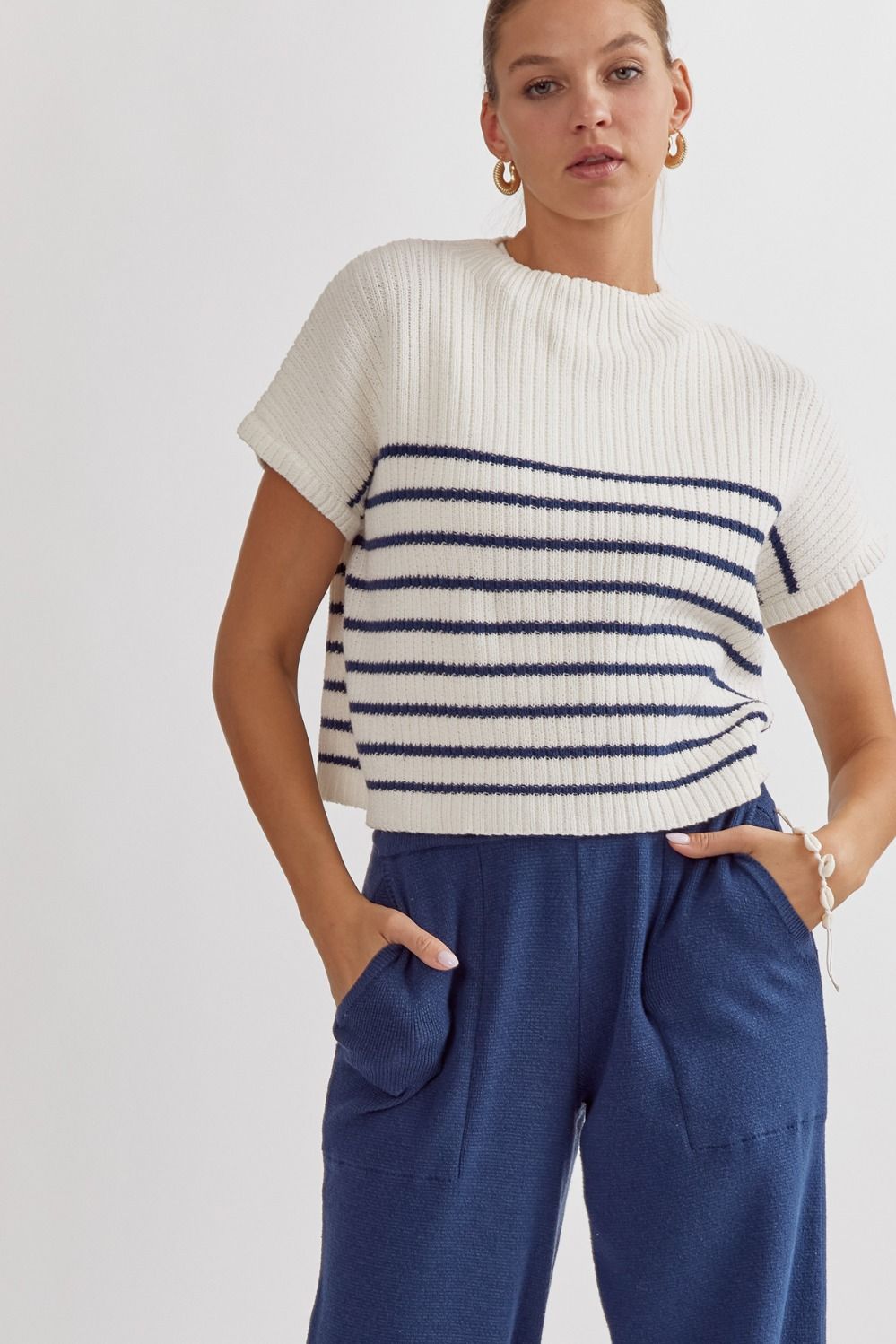 Stripped Knit Mock Neck Sleeveless Top