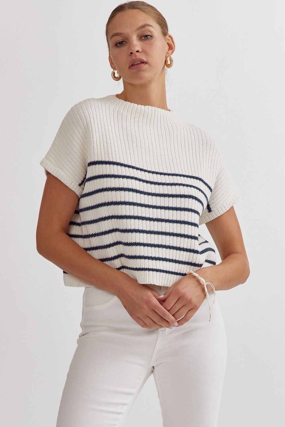 Stripped Knit Mock Neck Sleeveless Top