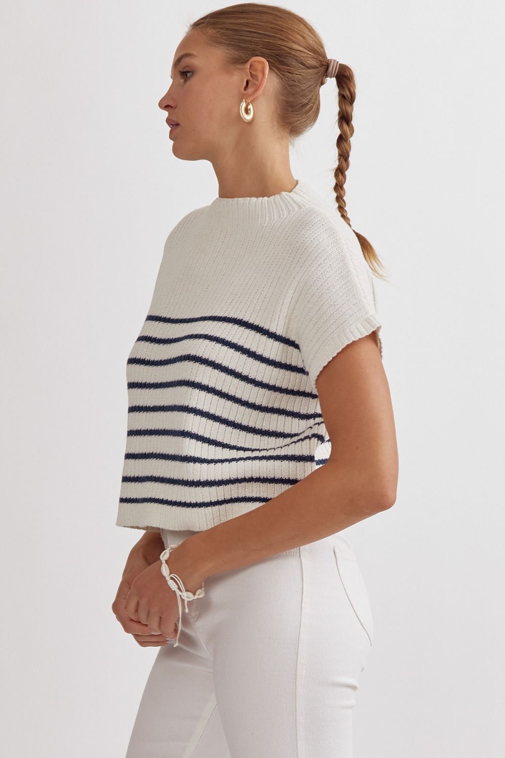 Stripped Knit Mock Neck Sleeveless Top