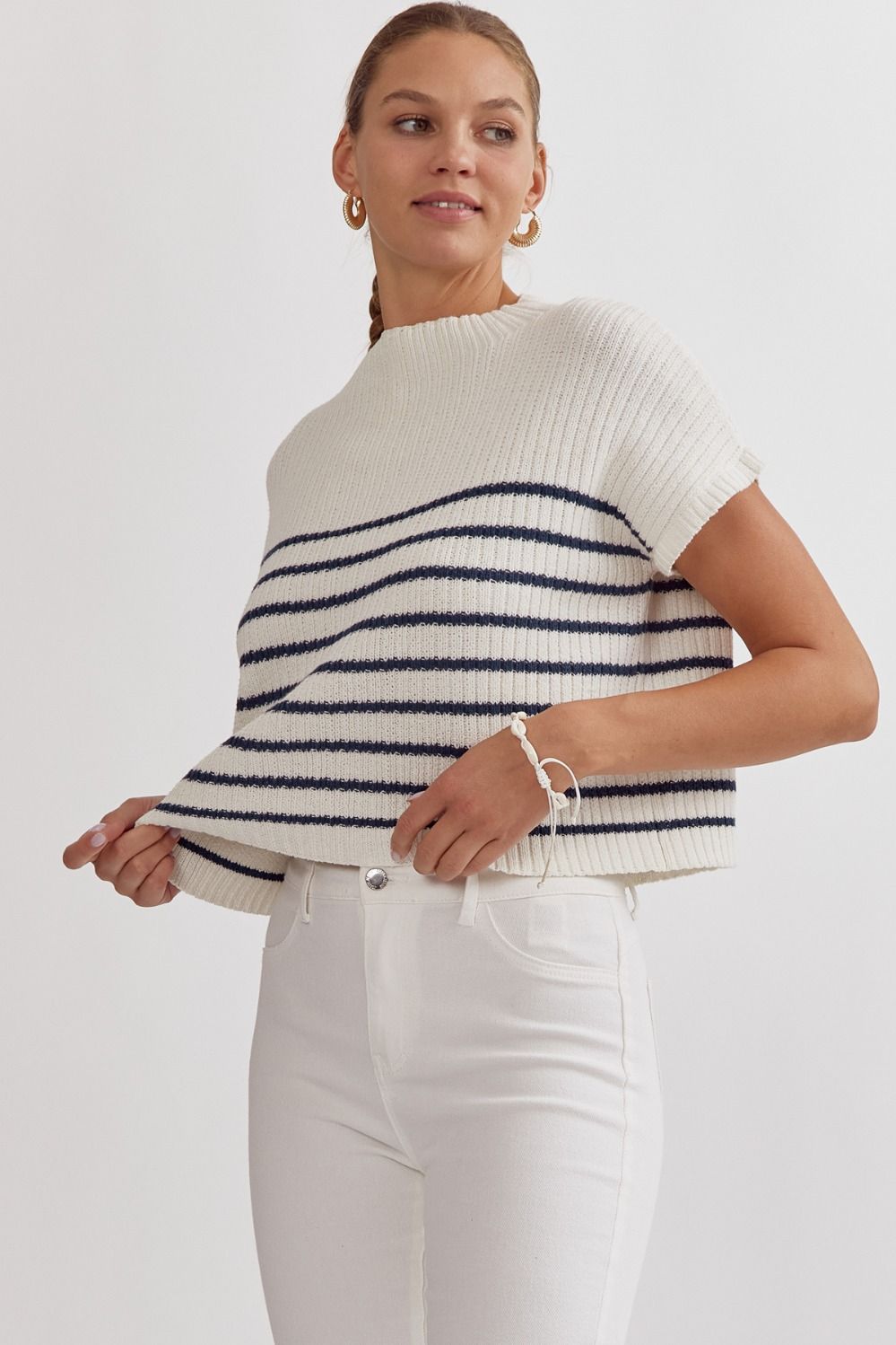 Stripped Knit Mock Neck Sleeveless Top