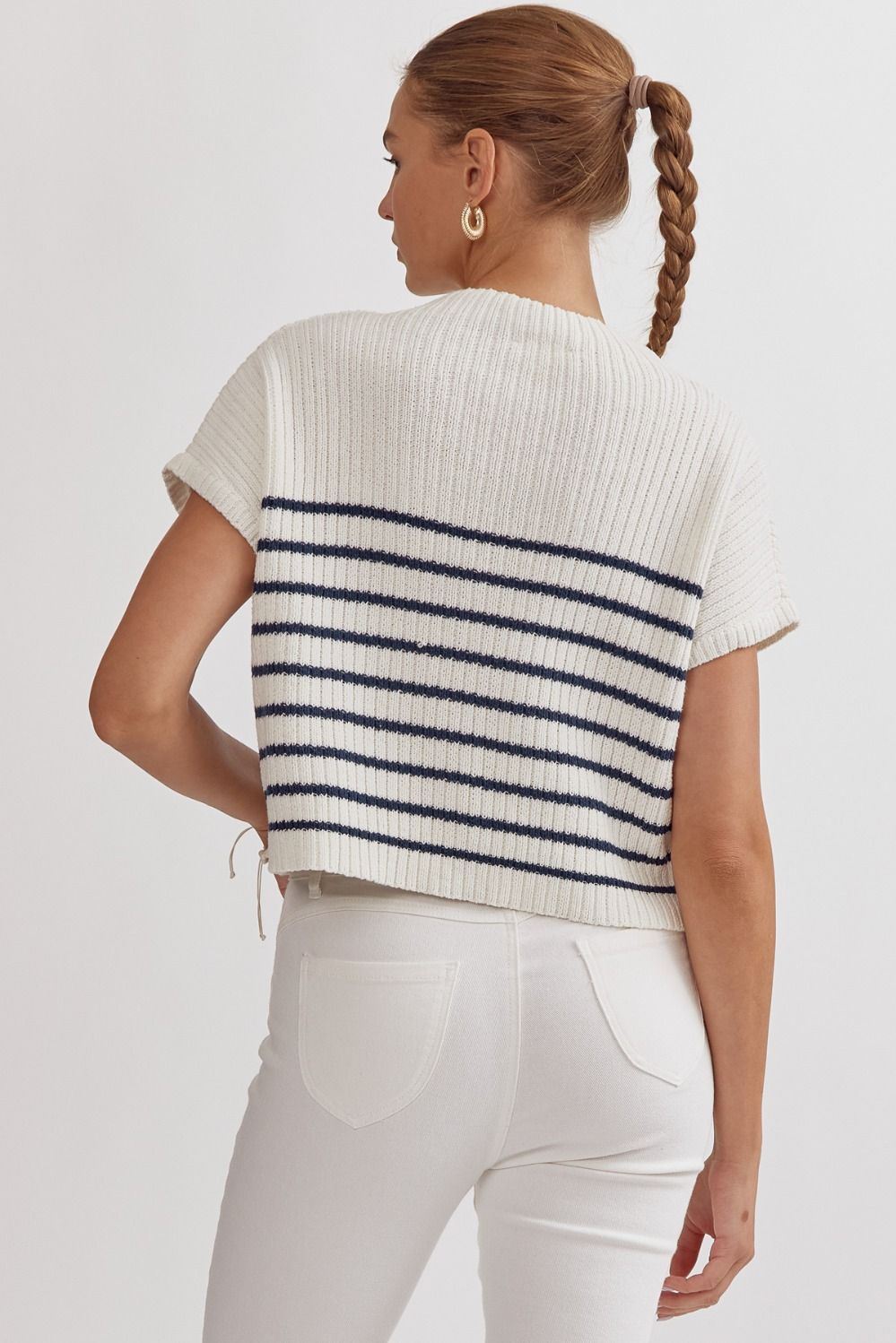 Stripped Knit Mock Neck Sleeveless Top