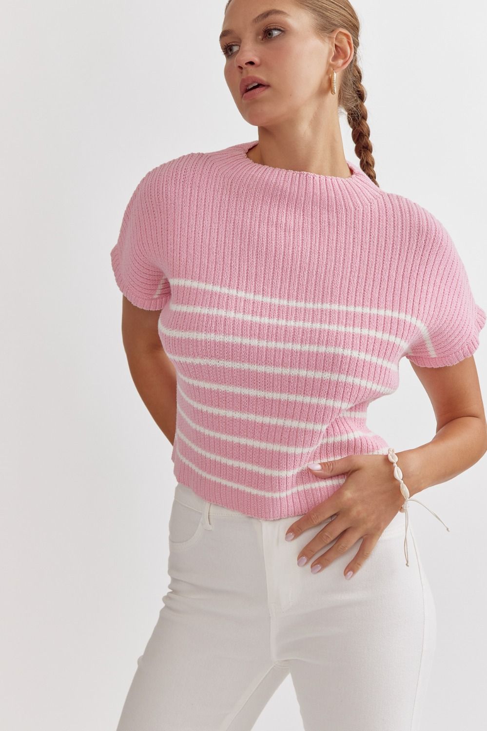 Stripped Knit Mock Neck Sleeveless Top