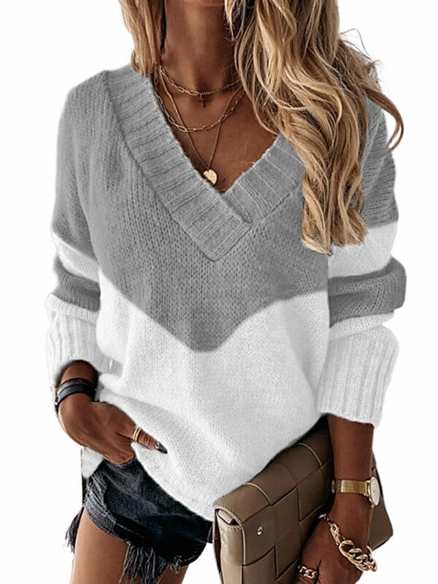 V-Neck Color Block Cotton Blend Knit Sweater for Women