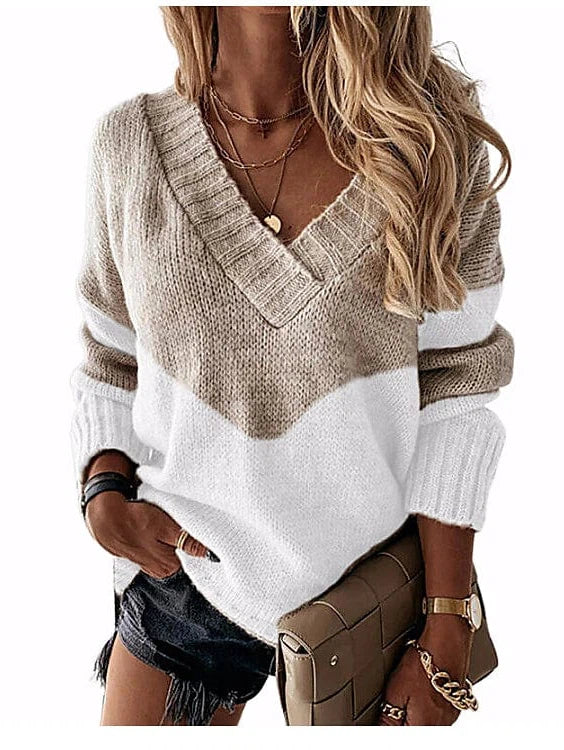 V-Neck Color Block Cotton Blend Knit Sweater for Women