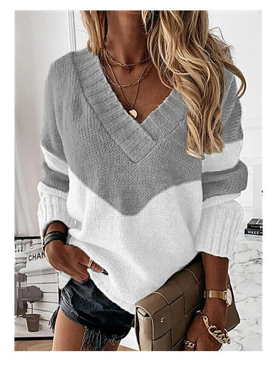 V-Neck Color Block Cotton Blend Knit Sweater for Women