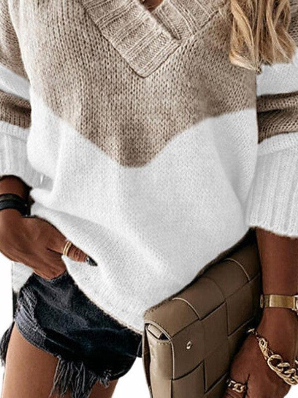 V-Neck Color Block Cotton Blend Knit Sweater for Women