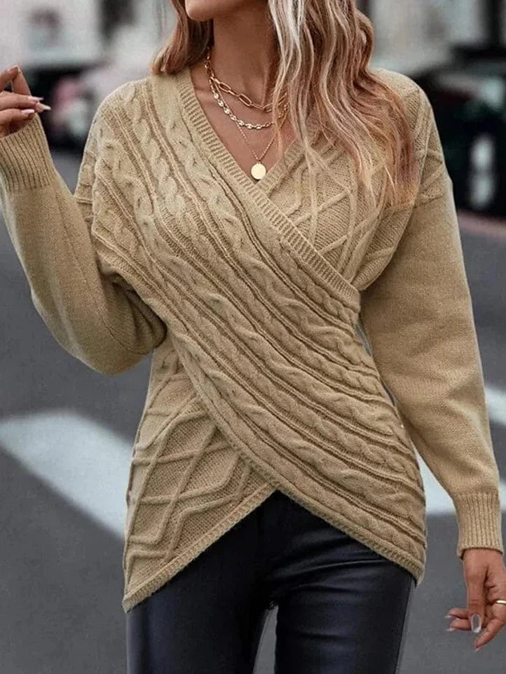 V-Neck Crochet Knit Pullover Sweater - Maillard Khaki