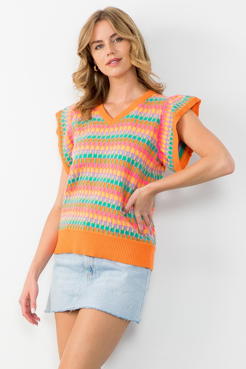 V-Neck Multicolored Knit Top