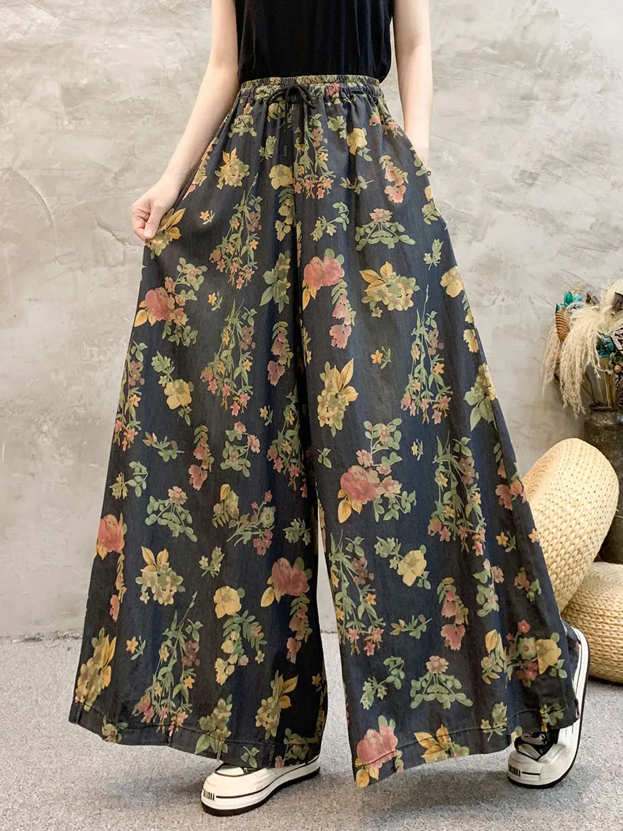 Women Floral Denim Wide-leg Pants