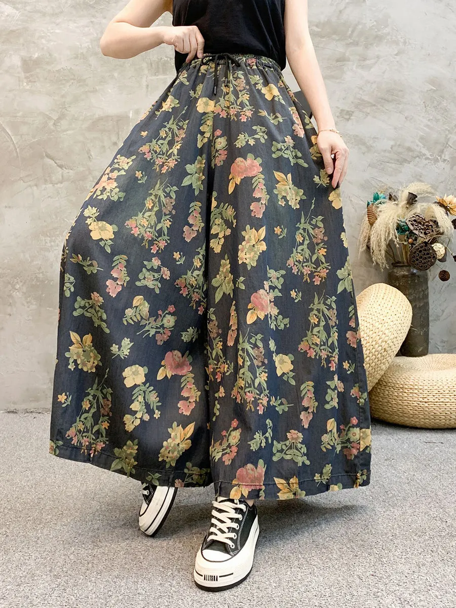 Women Floral Denim Wide-leg Pants