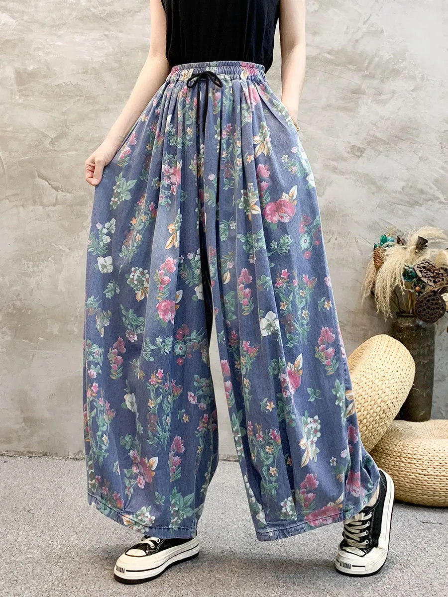 Women Floral Denim Wide-leg Pants