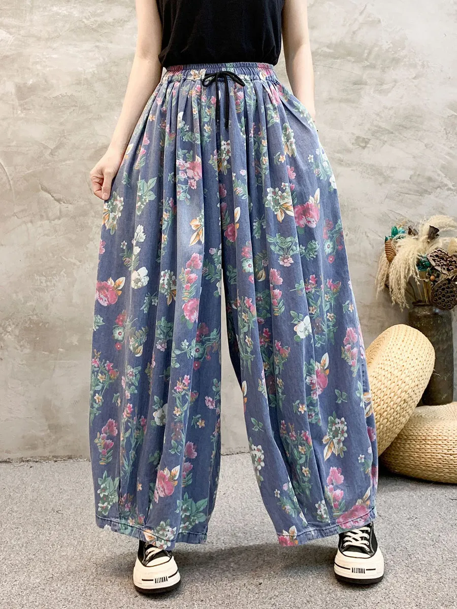 Women Floral Denim Wide-leg Pants