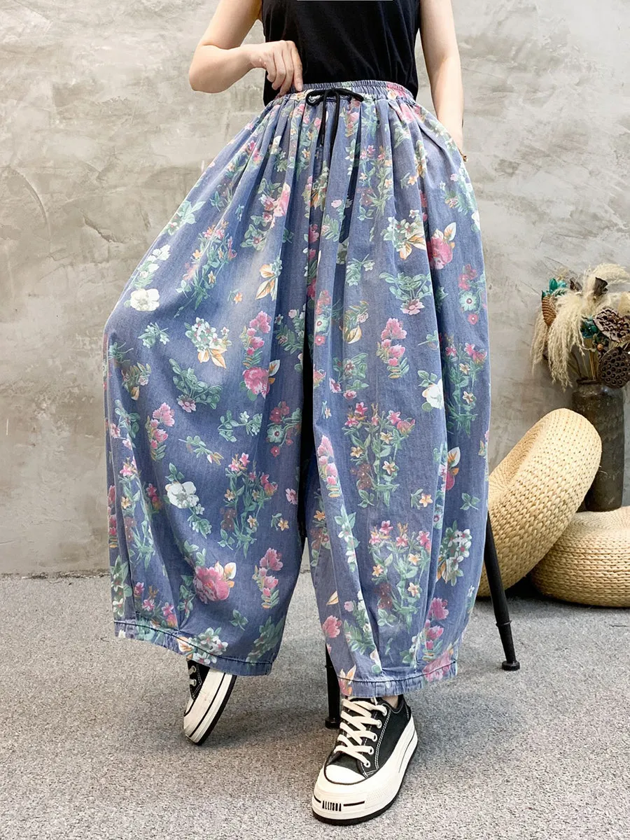 Women Floral Denim Wide-leg Pants