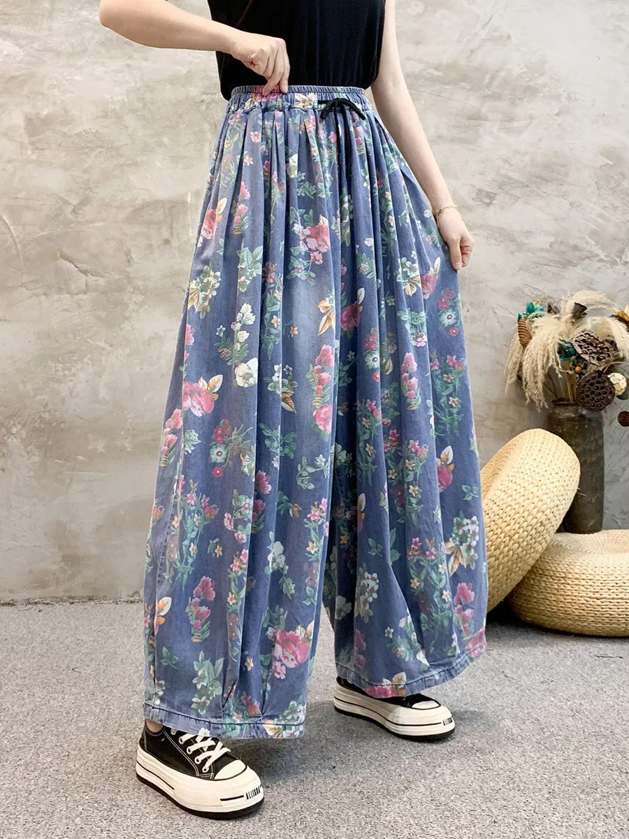 Women Floral Denim Wide-leg Pants