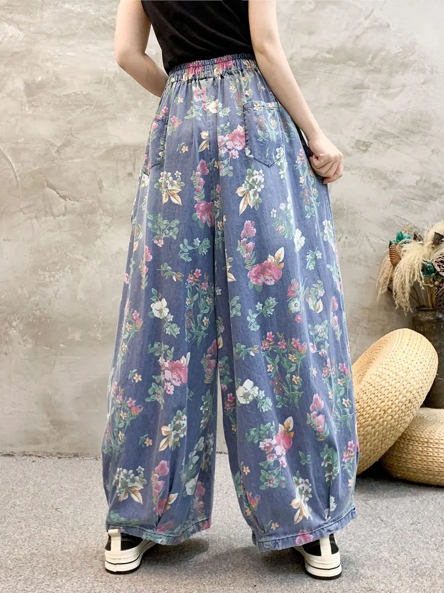 Women Floral Denim Wide-leg Pants