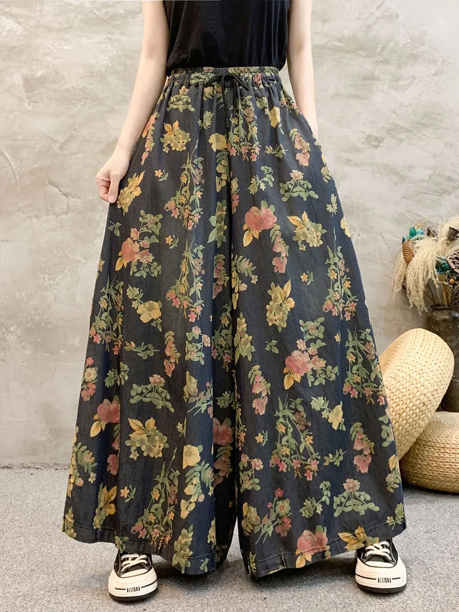 Women Floral Denim Wide-leg Pants