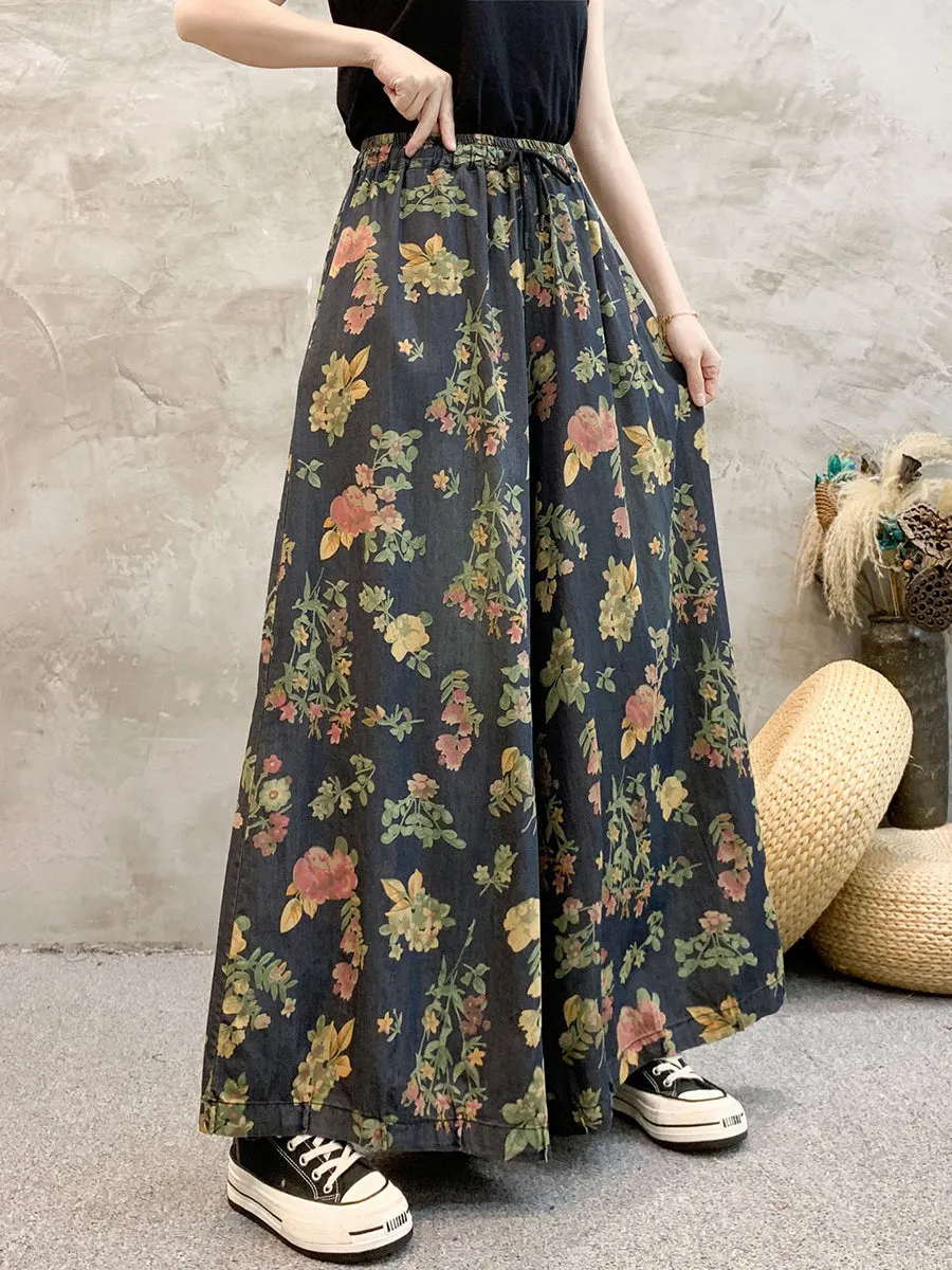 Women Floral Denim Wide-leg Pants